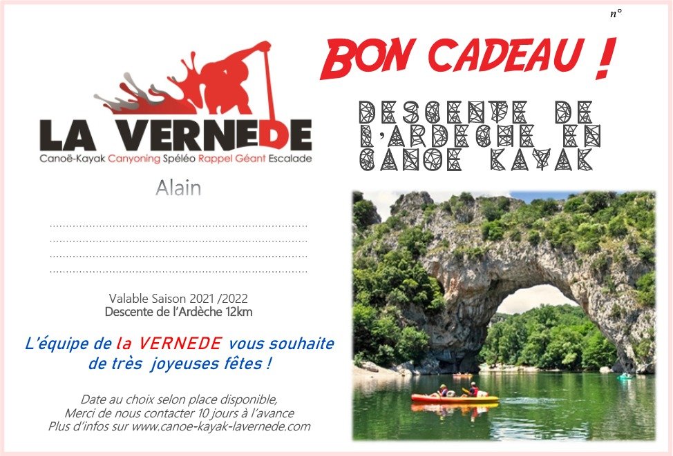 Bon cadeaux descente de l'Ardèche en canoë kayak